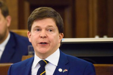 Riga, Letonya. 10 Ekim 2019. Andreas Norlen Letonya Parlamentosu Riksdag konuşması sözcüsü.