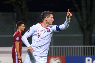 Riga, Letonya. 10 Ekim 2019. Polonya takımının oyuncusu Robert Lewandowski, Uefa Euro 2020 eleme maçında Letonya milli takımı ve Polonya milli takımı arasında gol attıktan sonra.