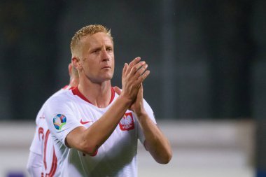 Riga, Letonya. 10 Ekim 2019. Letonya milli futbol takımı ile Polonya milli takımı arasındaki Uefa Euro 2020 ön eleme maçı.