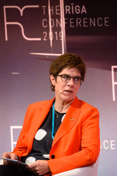 RIGA, LATVIA. 11th October 2019. Annegret Kramp-Karrenbauer, during THE RIGA CONFERENCE 2019. PLENARY SESSION: COMPREHENSIVE & COLLECTIVE  BUILDING THE FOUNDATION OF NATOS FUTURE DEFENCE