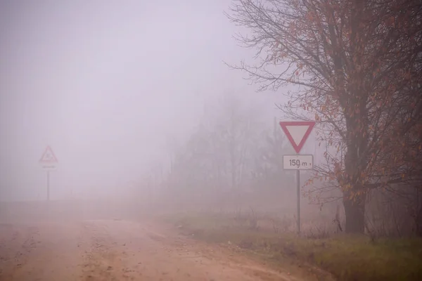 Fog above countryside road. Foggy morning. Fall season.