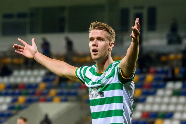 RIGA, LATVIA. 24th September 2020. Kristoffer Ajer, reacts to referee decission, during Team RIGA FC vs. CELTIC  UEFA Europa League Third Qualifying Round game.