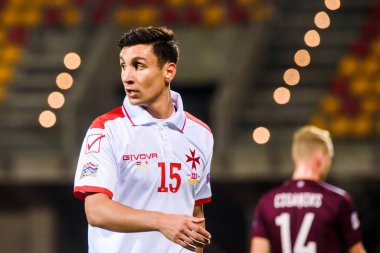 RIGA, LATVIA. 13 Ekim 2020. UEFA Ulusal Futbol Takımı Letonya ile Malta Millî Futbol Takımı arasında oynanan Lider Maçı.
