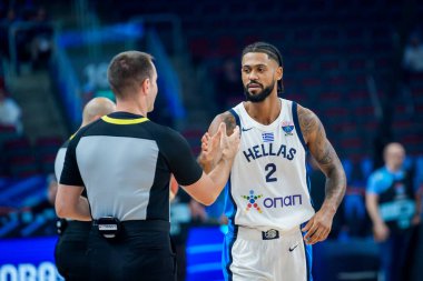 RIGA, LATVIA. 7 Eylül 2025. Tyler Dorsey, FIBA EUROBASKET 2025 basketbol maçında Yunanistan ve İsrail milli takımı arasında oynanan.
