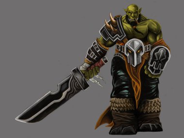 Sigara ve gri arka plan üzerinde bir kılıç tutan Orc savaşçı