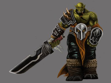 Orc warrior smoking and holding a sword on gray background clipart