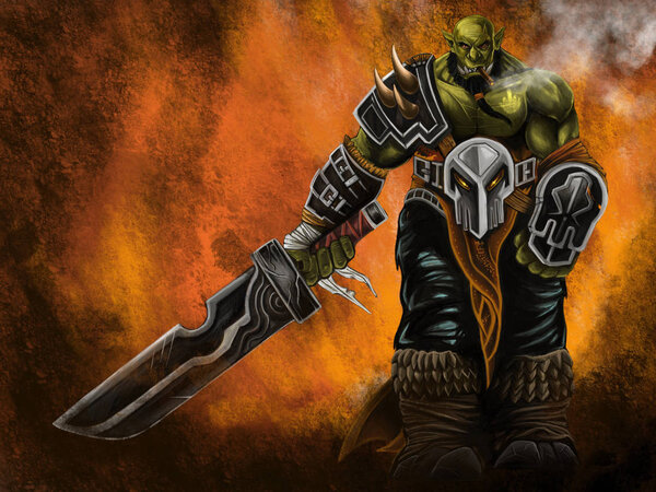 Orc warrior smoking and holding a sword on fire background