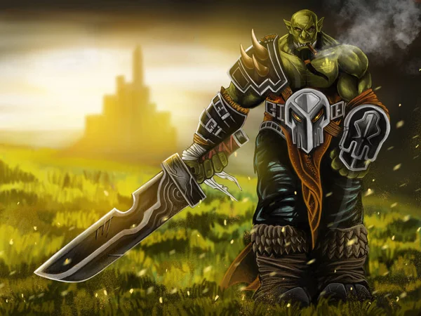 Orc Warrior Smoking Holding Sword Grass Filed Castle Background — Stock Photo, Image