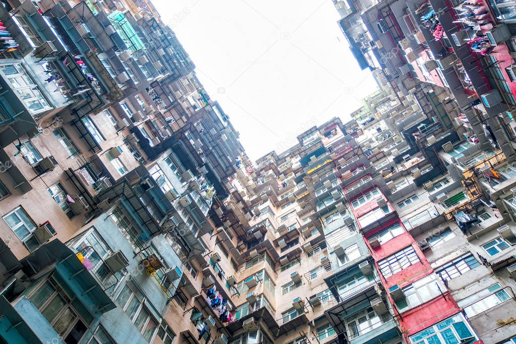 Old community night view colorful apartment building at Quarry Bay, Hong Kong