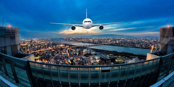 Front Real Plane Aircraft Japan Cityscape Background — Stock Photo, Image