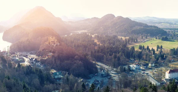 Panoramiczny Widok Piękny Zachód Słońca Krajobraz Lato Widok Zamku Hohenschwangau — Zdjęcie stockowe