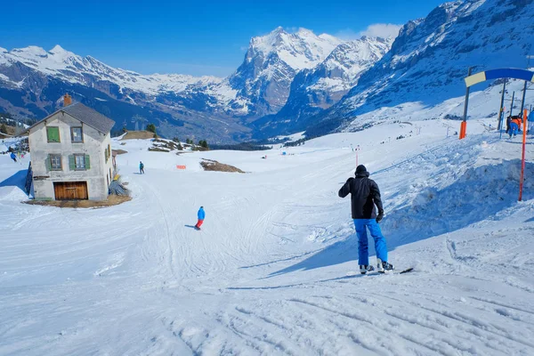 Esqui Esqui Downhill Altas Montanhas Kleine Scheidegg Estação Suíça — Fotografia de Stock