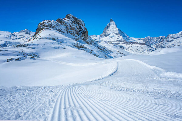 Panoramic beautiful view of snow mountain Matterhorn peak, Zermatt, Switzerland.