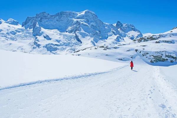 Young Woman Tourists See Beautiful View Snow Mountain Matterhorn Peak — Stock Photo, Image
