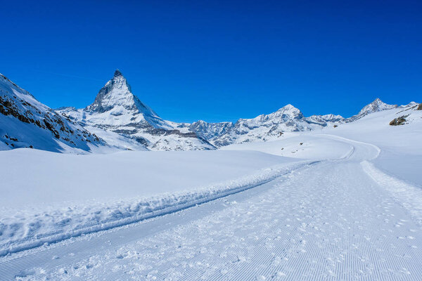 Panoramic beautiful view of snow mountain Matterhorn peak, Zermatt, Switzerland.