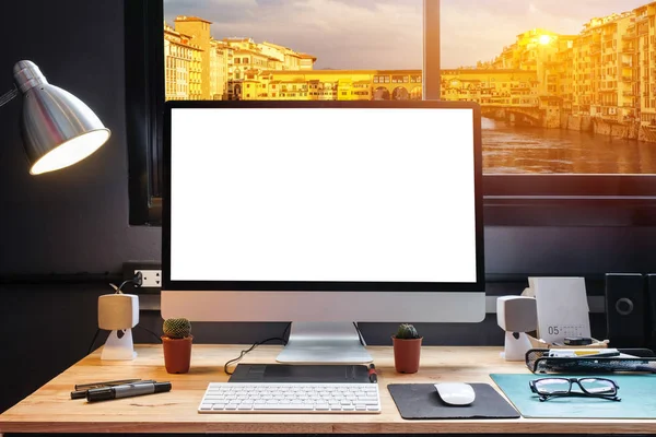 Graphic designer's workspace with a pen tablet, a computer and w — Stock Photo, Image