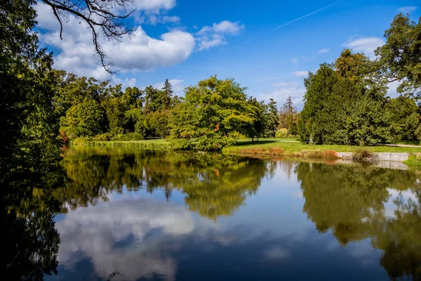 Jezioro i drzew w parku zamku Lednice — Zdjęcie stockowe