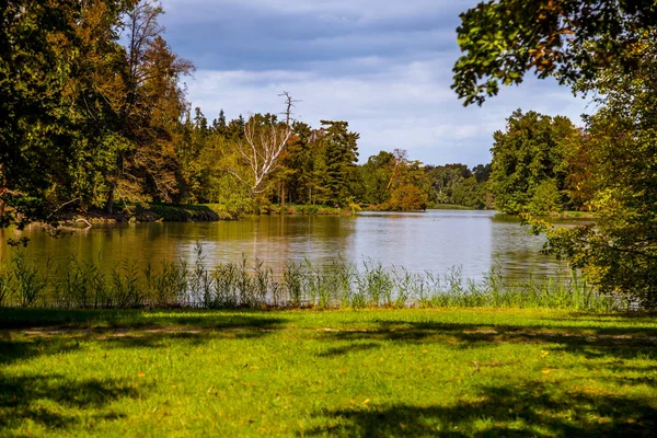 Jezioro i drzew w parku zamku Lednice — Zdjęcie stockowe