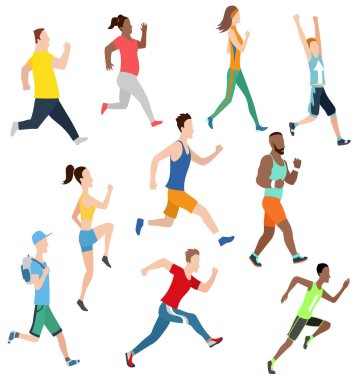 Vektör çalışan erkek ve kadınlarda düz tasarım stili. Spor. Çalıştırın. Aktif fitness
