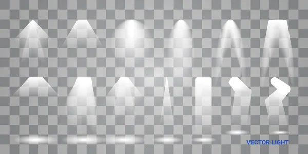 Belka biały zestaw światła o różnych kształtach i prognozy lśniące w ilustracji wektorowych streszczenie transparent ciemności — Wektor stockowy