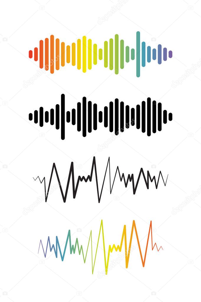 Set of Audio colorful and black wave logos. Pulse music players collection