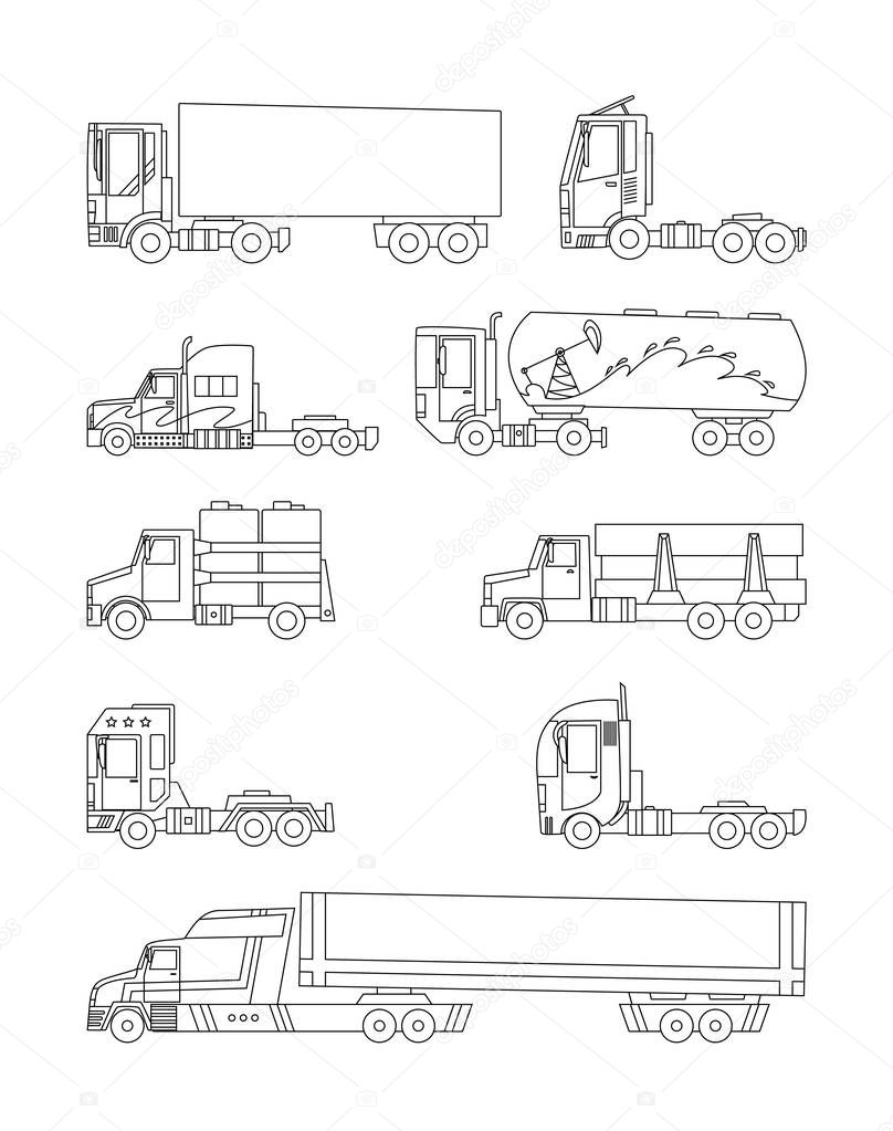 Line sketch. Trucks and trailers on a white background