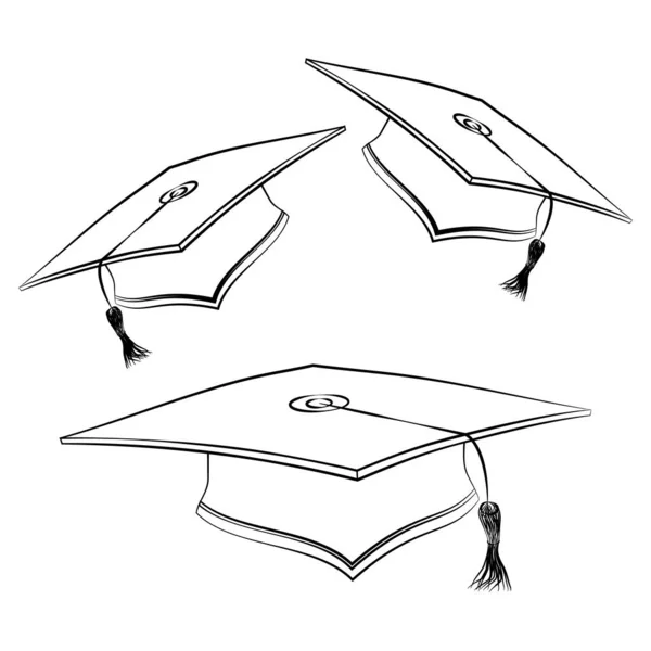 Студентські шапки чорної лінії. Ескіз випускного капелюха. Символ урочистої церемонії. Освітня квадратна форма. ізольовані шапки в різних поворотах, плитки. Ілюстрація Jpeg — стокове фото
