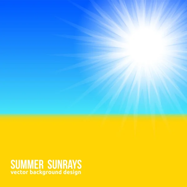 Blurred yellow field and blue sky with summer sunburst background in Ukrainians flag style. Vector sunbeams banner Bright poster, sun rays, sky and beach — Stock Vector