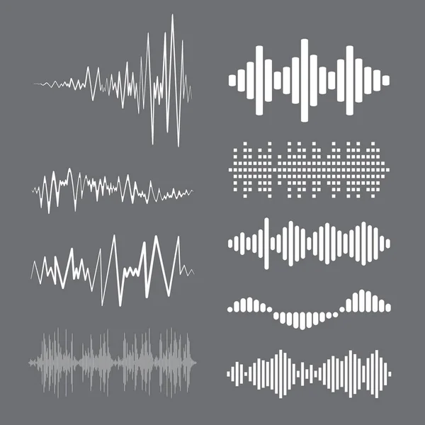 Collection white music wave on grey background. Set of isolated audio logos, pulse players, equalizer symbols sound design elements. Jpeg illustration.