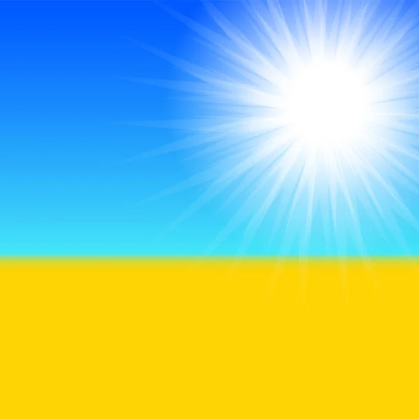 Blurred yellow field and blue sky with summer sunburst background in Ukrainians flag style. Jpeg sunbeams banner. Bright poster, sun rays, sky and beach — Stock Photo, Image
