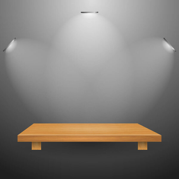 Studio Light On Wooden Platform. Design concept shop bookshelf or showcase. Jpeg illustration
