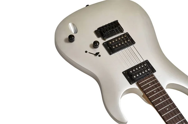 Closeup de branco elétrico seis cordas guitarra captadores pretos e co — Fotografia de Stock