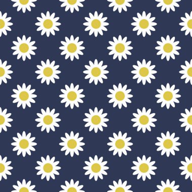Koyu mavi zemin üzerine Chamomiles. Duvar kağıdı, kağıt, kumaş sarma için basit seamless modeli.