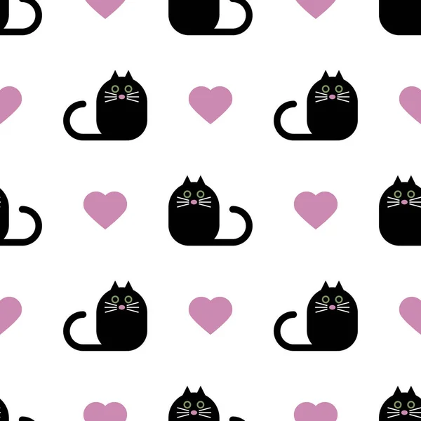 Sevimli siyah kediler ve beyaz zemin üzerine pembe kalpler. Seamless modeli