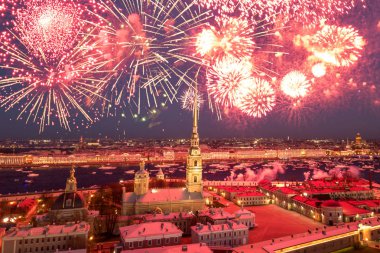 Aerial view of Peter and Paul Fortress, fireworks, Neva river, Saint Petersburg, Russia clipart