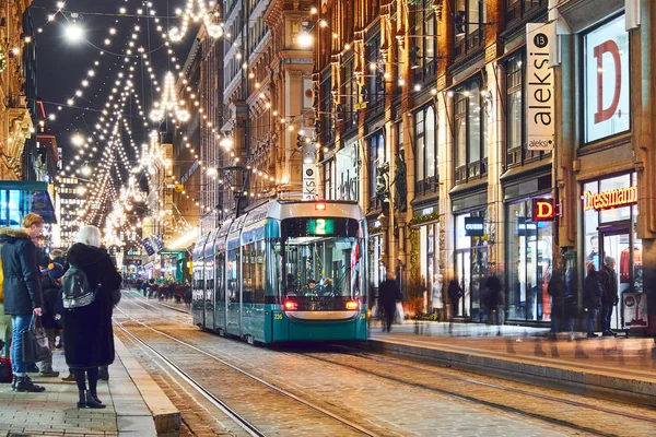 Helsinki tram on Christmas street — Stock Photo, Image