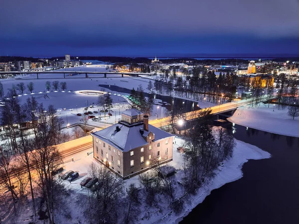 Aerial view of evening city Joensuu in winter, Finland — Stock Photo, Image