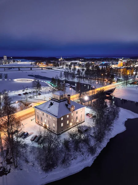 Aerial view of evening city Joensuu in winter, Finland — Stock Photo, Image