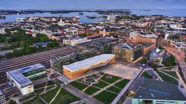 Helsinki Finland Mei 2020 Luchtfoto Van Gloednieuwe Bibliotheek Oodi Het — Stockvideo