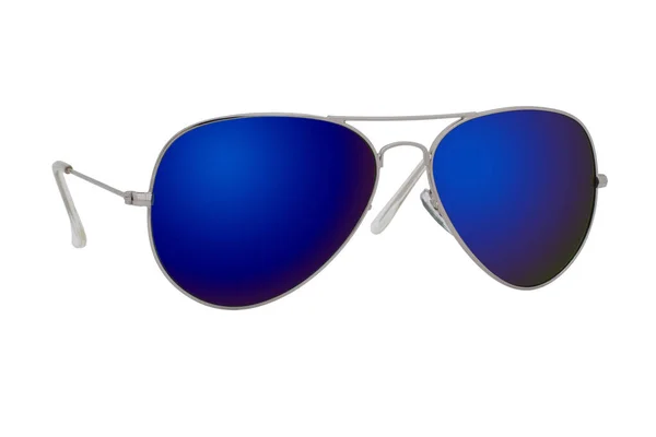 Óculos Sol Prateados Com Lente Espelho Azul Isolada Fundo Branco — Fotografia de Stock