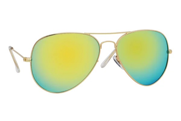 Sunglasses Gold Frame Yellow Mirror Lens Isolated White Background — Stock Photo, Image
