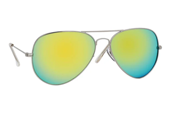 Óculos Sol Com Uma Moldura Prateada Lente Espelho Amarelo Isolado — Fotografia de Stock