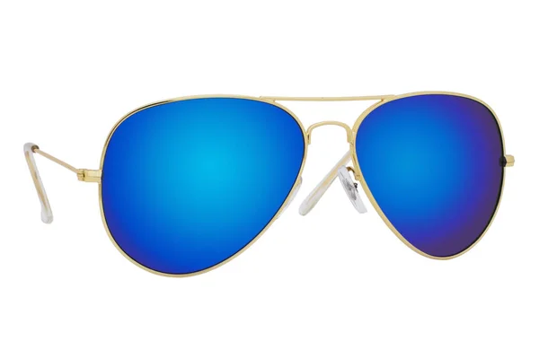 Sunglasses Gold Frame Blue Mirror Lens Isolated White Background — Stock Photo, Image