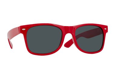 Kırmızı plastik çerçeveli güneş gözlükleri ve beyaz arka planda izole edilmiş siyah lensler..