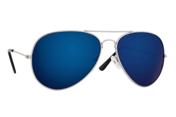 Óculos Sol Com Moldura Prateada Lente Azul Isolada Sobre Fundo — Fotografia de Stock