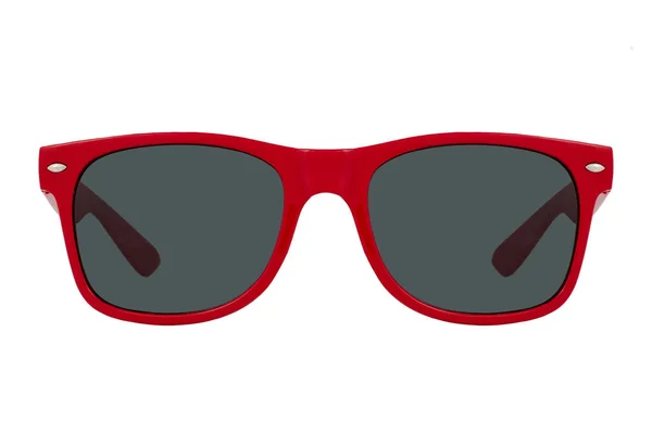 Sluneční Brýle Červeným Plastovým Rámem Černé Čočky Izolované Bílém Pozadí — Stock fotografie