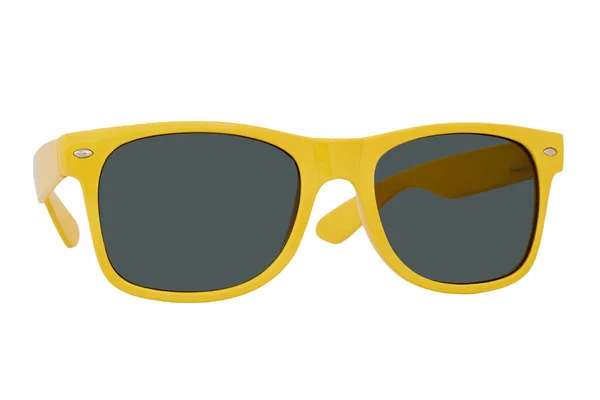 Okulary Przeciwsłoneczne Żółtą Ramą Tworzywa Sztucznego Czarne Soczewki Izolowane Białym — Zdjęcie stockowe