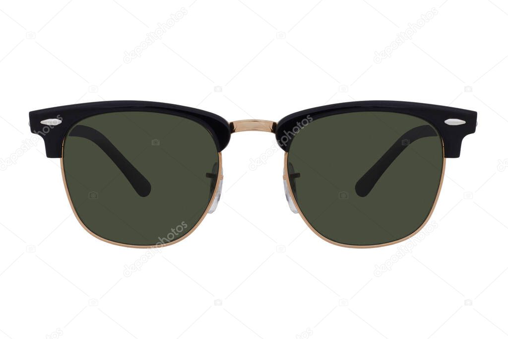 Sunglasses with a gold frame and black lenses isolated on white background.