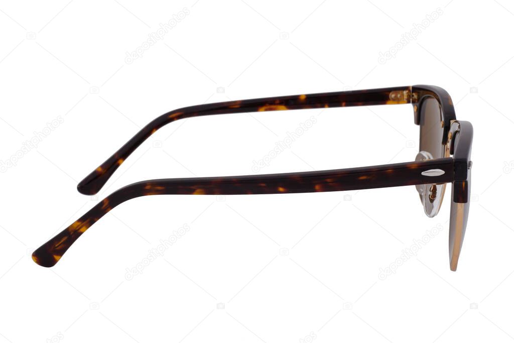 Sunglasses with a black-brown frame isolated on white background.