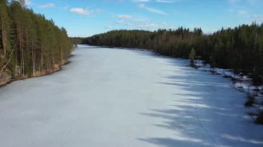 Finlandiya 'da buzla kaplı Kallio Gölü' nün havadan görünüşü. Kuzey Karelya doğası.